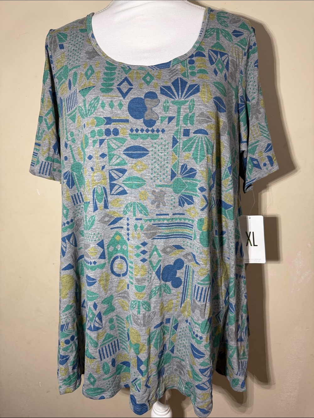LuLaRoe Gray Scoop Neck Tee with Blue & Green Geo Print Disney Collection